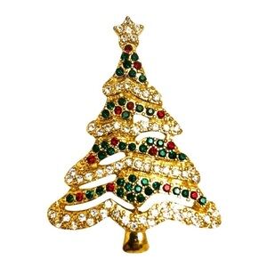 Christmas Tree Brooch Pin Multi Coloured Rhinestones Gold Tone